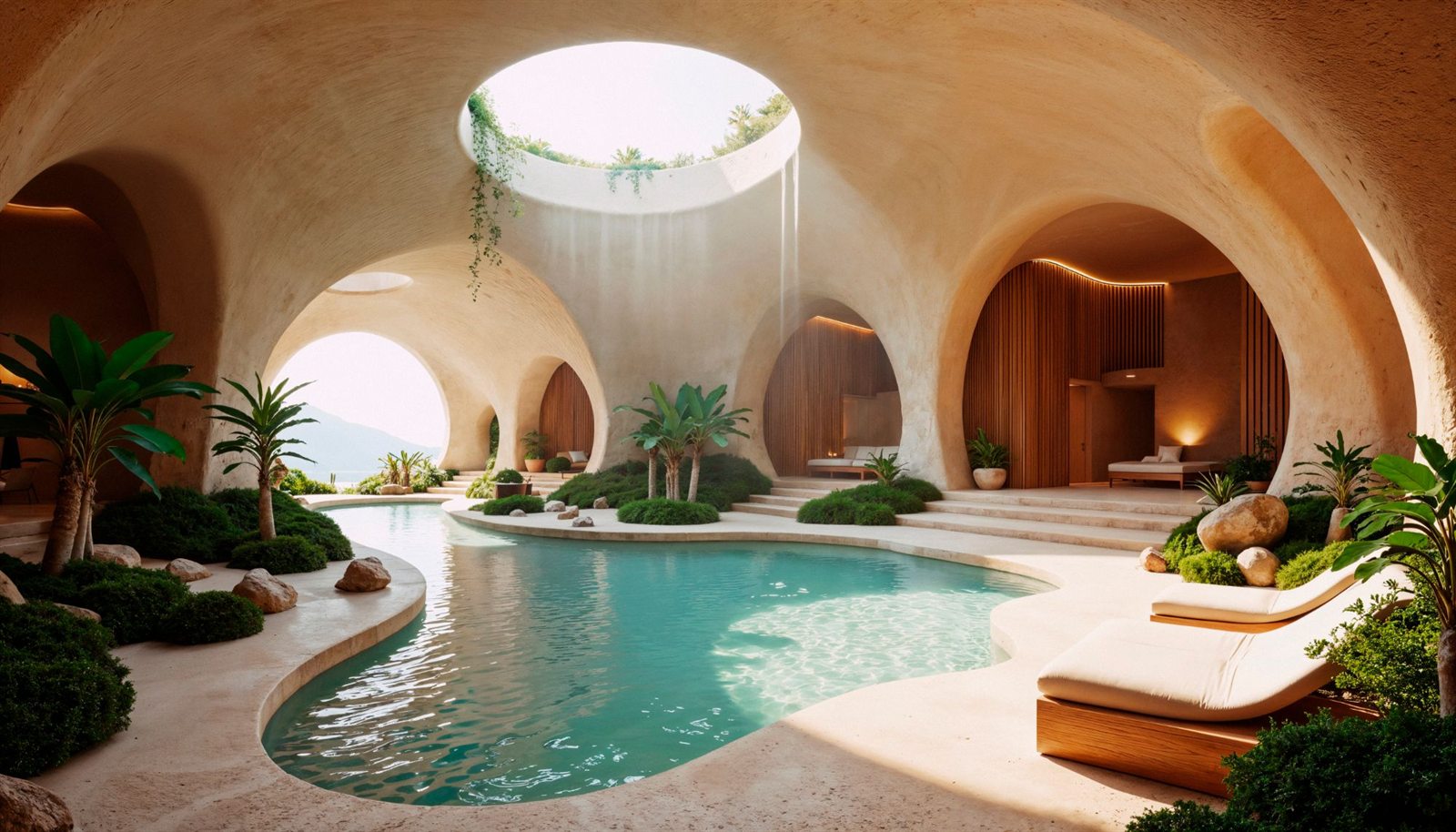 A sunlit resort spa under curved stone arches, with a winding turquoise pool, tropical plants and loungers